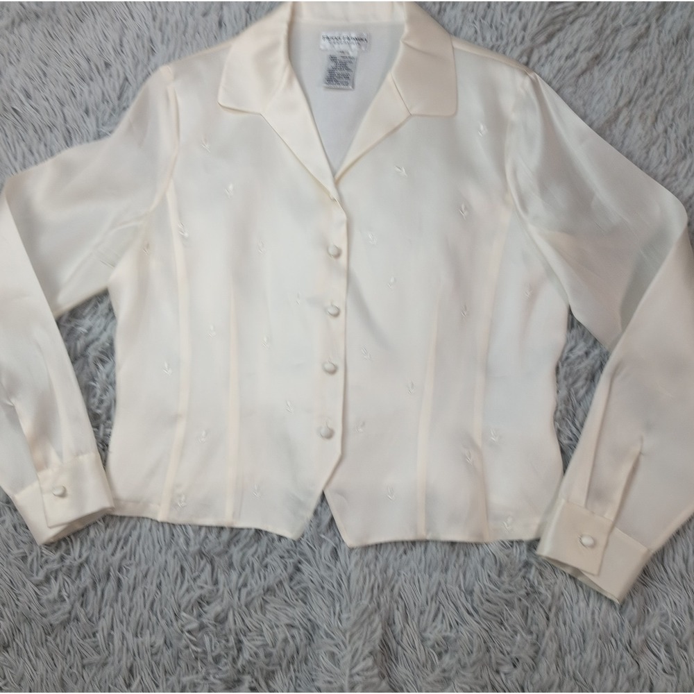 Vintage Rena Rowan Shirt Womens 14 Silk Blouse Top Floral Sheer Preppy Button Up